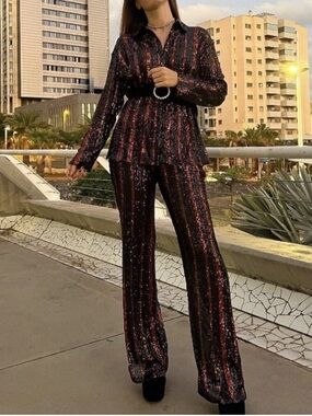 ZARA Sequin Striped Matching Set Top & Pants NWT Black Orange Glam Set Size S/M